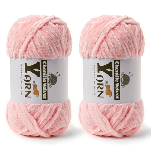 Image of 2 Pack Plush Chenille Chunky Yarn - Fluffy Velvet Yarns Crochet for Blanket Knitting and Crocheting - Soft Baby Yarn for Crocheting - Amigurumi Crochet Yarns 100g (87yds) (2 Pink)
