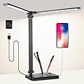Woputne Desk Lamp, Dual Head Desk Light, 5 Lighting Colors & 10 Brightness Reading Light, LED Desk Lamp for Home Office, Table Lamp for Bedroom Desktop, Study, Craft (Black, with Adapter)