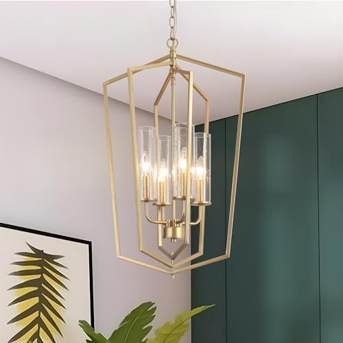 Gold Chandelier, Dining Room Chandelier Over Table, 4-Light Lantern Pendant Lights Kitchen Island, Adjustable Height Modern Foyer Chandelier Ceiling Light with Seeded Glass Shades