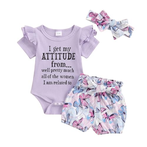 Image of Bonangber Newborn Baby Girl Clothes Letters Short Sleeve Romper Shorts 3Pcs Girls Bell Bottom Outfit Summer Clothes Set