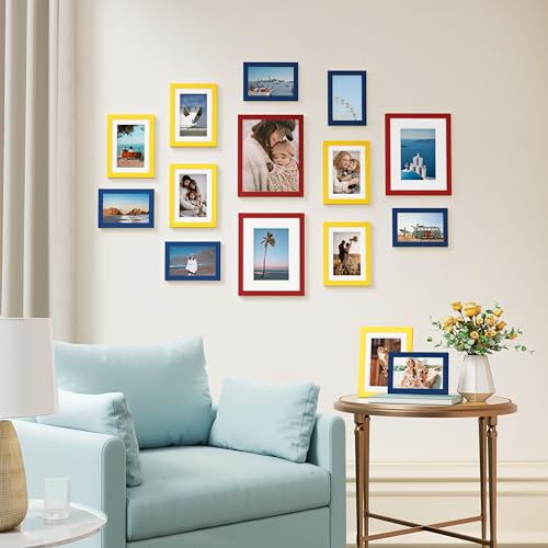 Image of Vittanly 15 Pack Picture Frames Collage Wall Decor, Multi Sizes Including 3pcs 8x10, 6pcs 5x7 and 6pcs 4x6 Photo Frames, Gallery Frame Set for Wall or Tabletop Display, Red, Yellow and Blue