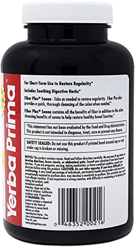 Yerba Prima Fiber Plus Senna Capsules, 180 Count (Pack Of 3) - 118 Servings Of Gentle Overnight Relief, Usa Made, Non-Gmo, Certified Gluten-Free, For Short-Term Use To Restore Regularity #TOP2
