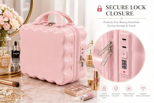 Image of Travel Makeup Case with Lock & Luggage Strap, ABS Hard Shell Cosmetic Vanity Case, Portable Makeup Organizer for Women, Beauty Storage Box for Makeup, Skincare & Toiletries (Cream Yellow, MODEL1)