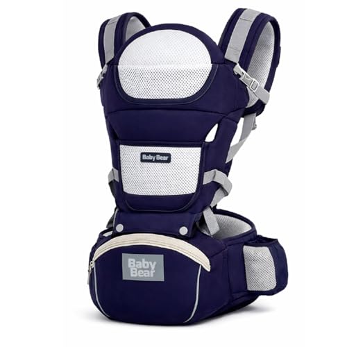 Bolsa Canguru Ergonômica Premium Baby Bear 3 em 1 | Assento Acolchoado| 12 posições | Alças Reguláveis | Bolsos Frontais e Laterais (Azul Marinho)