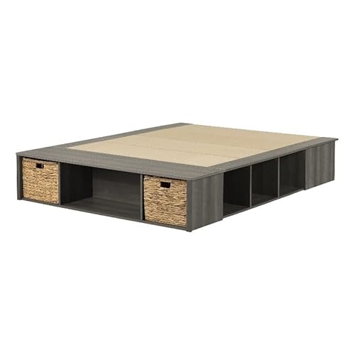 South Shore Prairie Storage Platform Bed With Wicker Baskets, Full, Gray Maple #TOP27