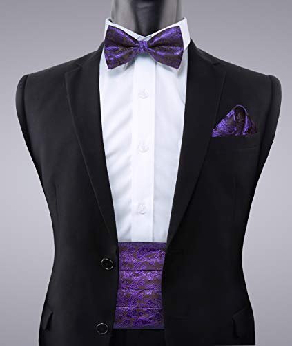 Image of Alizeal Mens Multicolored Silk Solid Cummerbund Bow Tie Set | with Cummerbund Pocket Square Pre-tied Adjustable for Mens Gift
