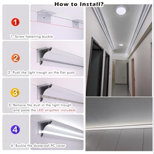 Canale LED con profilo in alluminio con connettore angolare, alloggiamento per striscia luminosa da soffitto, canale lineare per strisce LED, installazione interna, 1,8 m (larghezza 2 2/5")