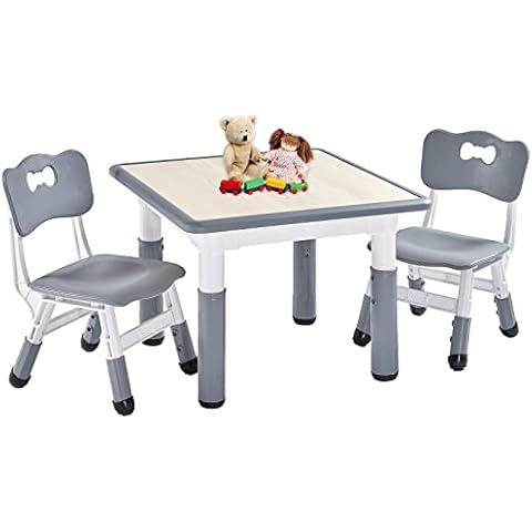 FUNLIO Kids Table and 2 Chairs Set, Height Adjustable Toddler Table and Chair Set for Ages 3-8, Easy to Wipe Arts & Crafts Table, for Classrooms/Daycares/Homes, CPC & CE Approved (3pcs Set) - Gray Cover