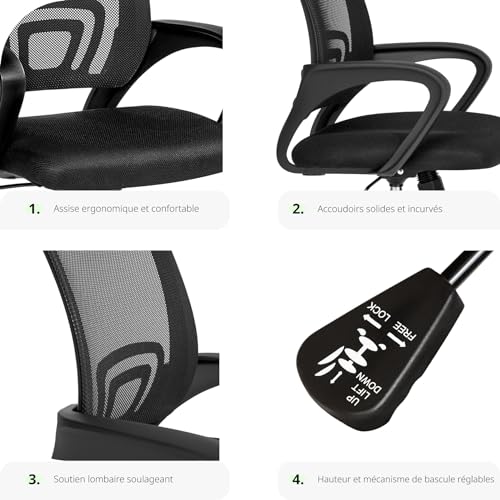 Chaise Bureau Ergo Pivotante 360° Noir 401789-2 TecTake