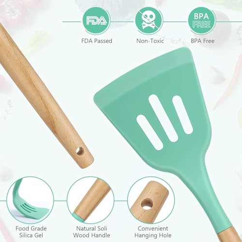 Image of SKYTONE Silicone Kitchen Spatula and Utensils Spoon Set 12-Piece Silicone Kitchen Cooking Utensils Set, Non-Stick Utensils Set Heat Resistant Easy Clean, BPA Free