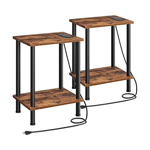 HOOBRO Side Table with Charging Station, Set of 2 End Tables with USB Ports and Outlets, Nightstand with 2-Layer Storage Shelves for Small Spaces, Living Room, Bedroom, Rustic Brown BF09UBZP201