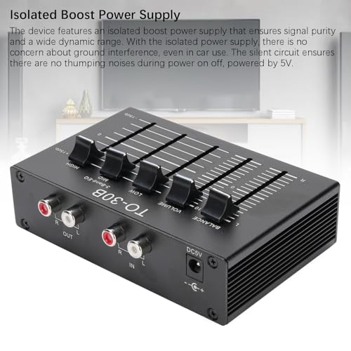 Ecualizador de sonido de 3 bandas, ajuste de graves alto de 12 dB, ecualizador digital de audio dual canal, entrada y salida EQ, control de volumen equilibrado con adaptador de 5 V para tocadiscos miniatura 3