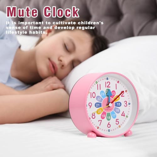Jinlaili Wecker Kinder Jungen Mädchen, Kinderwecker Ohne Ticken, Analoger Wecker Kinder, Weckuhr Kinder Lernwecker mit Nachtlicht, Snooze, Lernwecker Kinderwecker Digital für Schlafzimmer (Rosa)