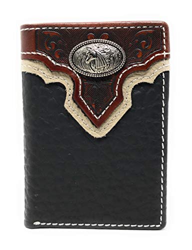 Western Tooled Genuine Leather Horse Men's Short Trifold Wallet in 2 colors (Black)