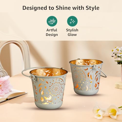 Image of Amazon Brand - Solimo Tea Light Votive - Round Shape with Handle, White Powder-Coated Iron with Gold Interior, Set of 2 (Size: L-11 cm x W-11 cm x H-10 cm)