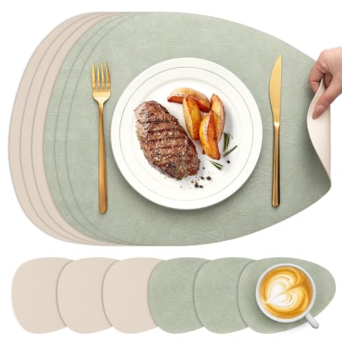 YIHELU Tischsets Abwaschbar und Untersetzer 6er Set, Oval Platzsets Abwaschbar Doppelseitigen Kunstleder rutschfest & Einfache Reinigung, Platzdeckchen Abwischbar für Küche & Esszimmer