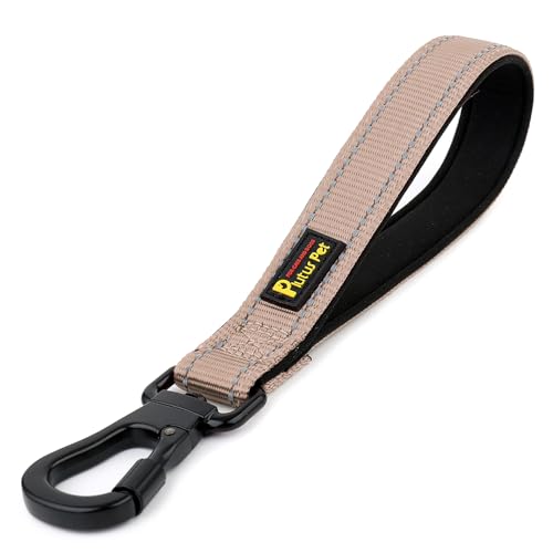 PLUTUS PETショート犬用リード、反射ナイロンパッド入りハンドル、カラビナクリップ付き強力トラフィックリーシュ、大型犬または中型犬に最適(10インチ、ベージュ)