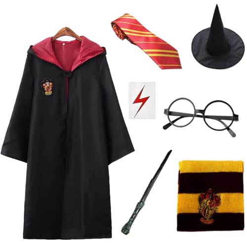 Mineup 7 PCS Wizard Costume Set - Magic Robe Wand Scarf Glasses Tattoo Sticker Tie Hat - Accessories for Kids Halloween