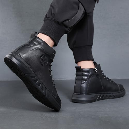 Keilinia Men's Black High-top Leather Boots,2023 Fall/Winter New Round Toe Non-slip Side Zip Casual Business Dress Ankle Booties4