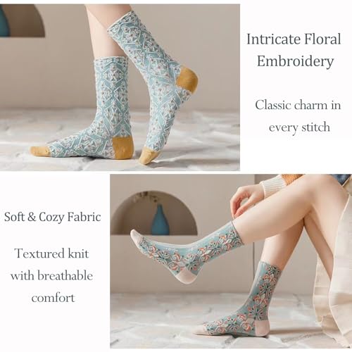 Women’s Floral Cotton Crew Socks - 5 Pairs Vintage Embroidered Ankle Dress Socks, Elegant Cottagecore Pattern3