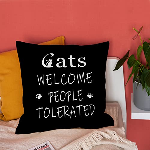 Burosev Cats Welcome People Tolerated Soft Throw Pillow Cover, Funny Cat Kitty Kitten Decorative Pillowcase, Cat Lover Farmhouse Decor Decorations For Home Bedroom Sofa Room (18 X 18 Inch) #TOP1