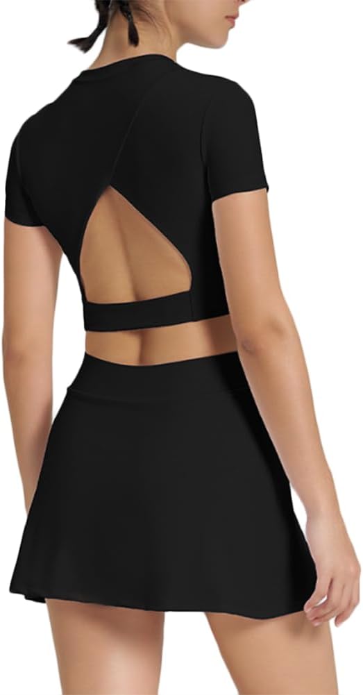 Women's Tennis Skirt Set - Sweetheart Crop Top with Hollow Back & Slit Skirt - Stylish f Wear