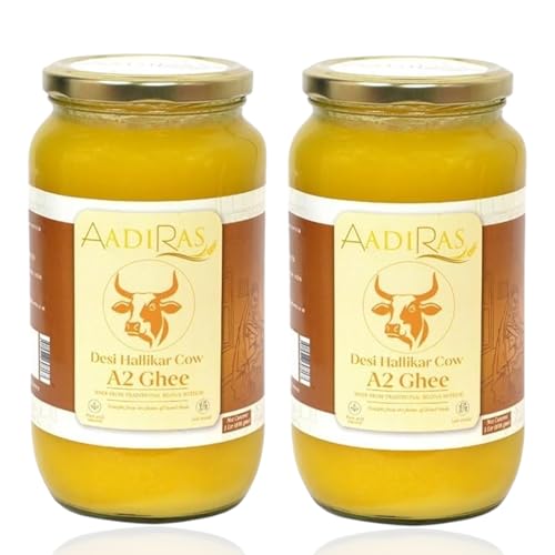 Image of Aadiras A2 Hallikar Desi Cow Ghee (Pack of 2) | Bilona Curd-Churned Method | Pure, Danedar and Aromatic | Grass Fed and Non GMO | Easy to Digest | Lab Tested | Glass Jar- 1000ml each