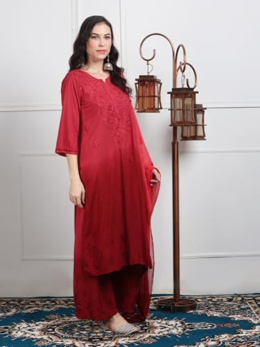Image of Women's Luxe Lucknowi Chikankari Hand Embroidered Rayon Dyed Kurti Palazzo Dupatta Set - Designer Ethnic Wear for Wedding, Festive & Party Occasions