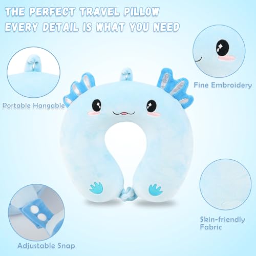 Image of Travel Pillow, Kids Travel Pillow with Sleep Eye Mask Soft Memory Foam Kids Neck Pillow for Boys & Girls, Travel Accessories for Car Airplane Traveling - Blue Axolotl