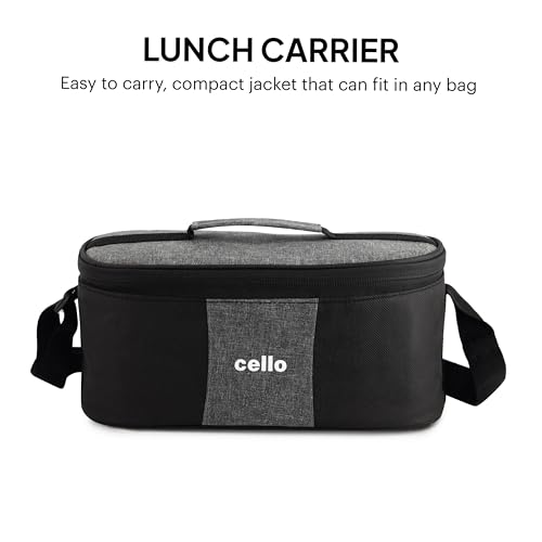 Image of CELLO Duet Set of 4 Pcs Stainless Steel Lunch Box with Bag for Office Use, Black | 2 x 400ml Round, 2 x 400ml Square Steel Containers with Fork & Spoon, Leak Proof Airtight Steel Tiffin Box for Travel