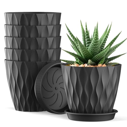 6er Blumentopf Set 12cm – Hochwertige Plastik-Blumentöpfe im Waffelmuster mit Untersetzer und Drainagelöchern, Zimmerpflanzen und Balkonpflanzen, langlebig und pflegeleicht, Schwarz