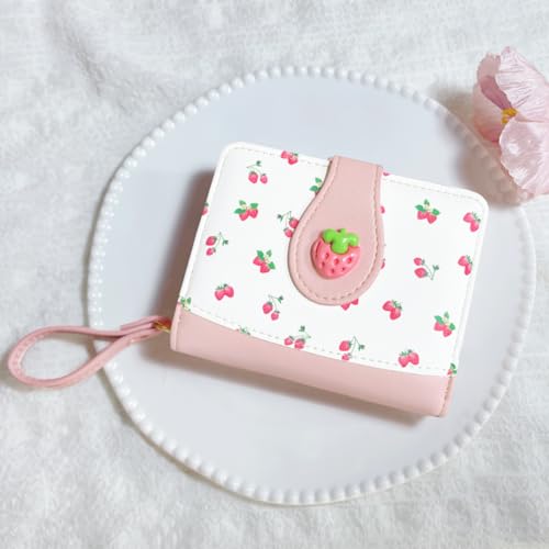Image of Cute Print Wallet Blueberry Strawberry Cherry Wallet with Credit Card Slot Zipper Coin Pocket for Women Girls (PINKK)