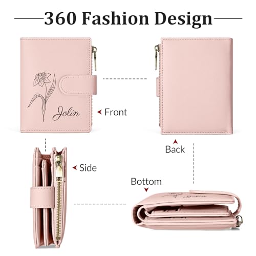 Personalized Wallets Women, RFID Blocking Bifold Zipper Pocket Wallet,Custom Birth Flower&Name Ladies Wallet, Small Leather Purse with ID Window, Customized Presents for Women(Pink)4