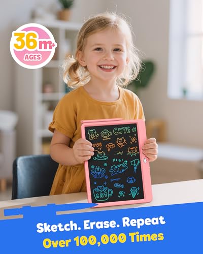 Image of TEKFUN 12 Inch LCD Writing Tablet for Kids, Coloring Drawing Pad, Mess Free Doodle Board, Airplane Travel Toys for Boys and Toddlers, Road Trip Essentials, Gifts for 3 4 5 6 7 8 Year Old Girls(Pink)
