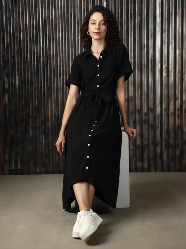 Buy High Star Women Cotton Solid Oversized Fit Spread Collar Black - Image 4