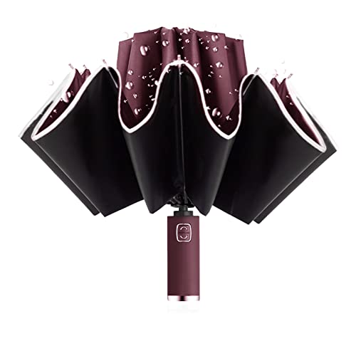 JOQINEER Parapluie coupe-vent, solide, pliable, UPF 50+, protection UV 99%, parapluie automatique, compact, portable, bande de sécurité réfléchissante pour homme et femme (Burgundy) Cover