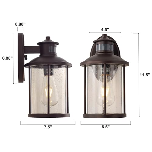 Image of MICSIU Motion Sensor Bronze Outdoor Wall Light 1 Pack, 11.5 inch Farmhouse | 3 Modes Exterior Light Fixture with Seedy Glass, Anti-Rust Dusk to Dawn Outside Wall Sconce for House, Front Porch, Deck
