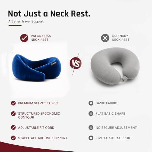 Image of Premium Memory Foam Neck Pillow by ValorX USA for Travelling 360 Neck Support with Adjustable Velcro Straps & Ultra-Soft Velvet Cover, Blue