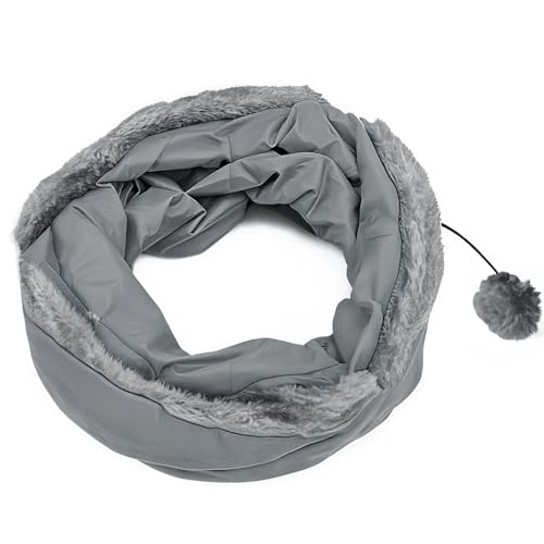 MERSJO Katzenspielzeug Tunnel, 120 x 25 cm, Plüsch-Katzentunnel mit Knistermaterial und Spielball, Grau