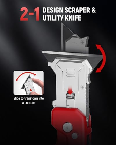Image of KAIWEETS Utility Knife Scraper, 2-in-1 Folding Box Cutter with Blade Storage, Heavy Duty Zinc Alloy Body, Retractable Design, 12pcs SK2 Black Blades replacement, EDC Tool for Home, Office, DIY- Red