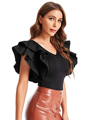 Romwe Women's Ruffle Mesh Sleeve V Neck Stretchy Party Romper Bodysuit Black 3 XXL