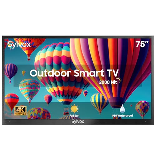 SYLVOX 75 Zoll Outdoor TV mit 4K UHD, 2000nit Helligkeit, IP55 Wasserdicht, Voice Assistabt, Draußen Smart Android Ferseher,Bildschirmspiegelung Sun Readable - Pool Pro