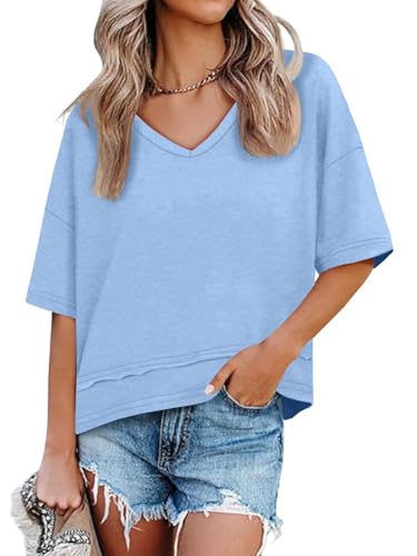 Image of UNCLECAT Womens V Neck T Shirts Summer Trendy Loose Fit Casual Tops Tees