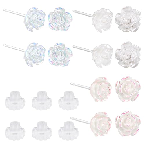 6 Pairs Plastic Rose Stud Earrings, Wonderful Plastic Earrings Clear Flower Earring Stud with Rubber Backs Earring Unique Elegant Comfortable Chic and Feather-light