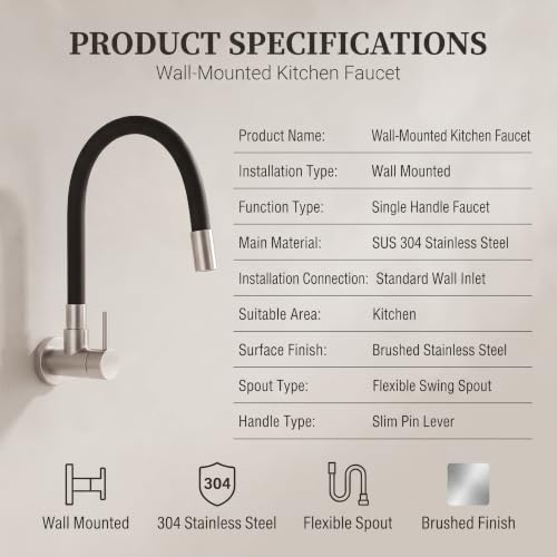 Image of InArt Wall Mounted Kitchen Sink Faucet, 304 Stainless Steel Flexible Kitchen Tap with 450 mm Matte Black Swing Spout, Single Lever Aerated Flow, Brushed Finish, 5 Year Leakage Warranty