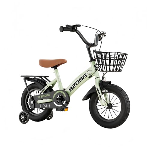 HOTGEEJP子供用自転車、2〜11歳用自転車、学生向け子供用補助輪付き、男の子と女の子の初心者向けバスケット付き、調節可能な滑り止めハンドル付き 組み立て簡単 (緑+後部座席点滅補助輪,18インチは85cm〜105cmに適しています)