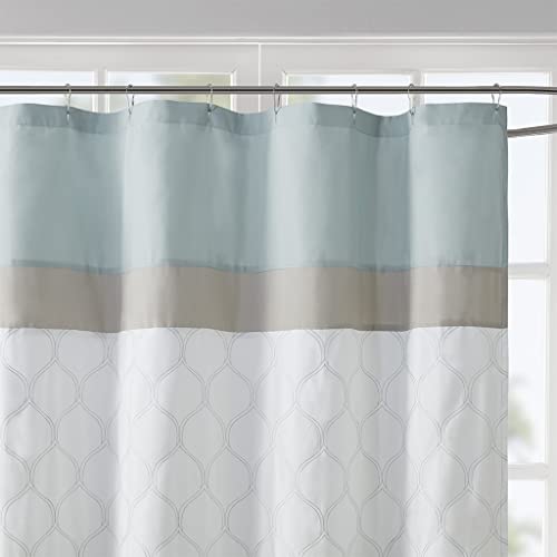 510 Design Shower Curtain, Geometric Textured Embroidery Design With Built-In Liner, Modern Mid-Century Bathroom Decor, Machine Washable, Fabric Privacy Screen 72X72, Shawnee, Seafoam #TOP2