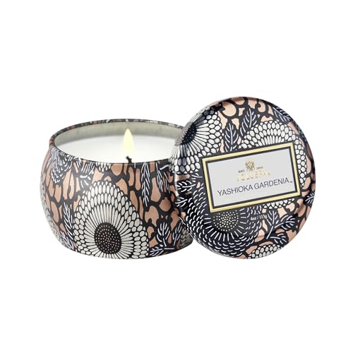 Voluspa Yashioka Gardenia, Mini Tin Candle, 4 oz, 25 Hour Burn Time, Coconut Wax for Clean Burning, Handcrafted in the USA
