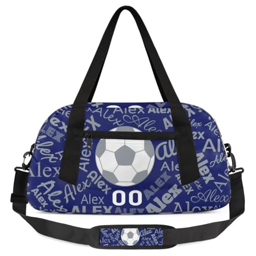 Soccer Football Personalized Duffel Bag for Boys Girls,Custom Name Number Sport Gym Bag Overnight Weekender Bag Travel Duffle Bag, Bright Blue Silver