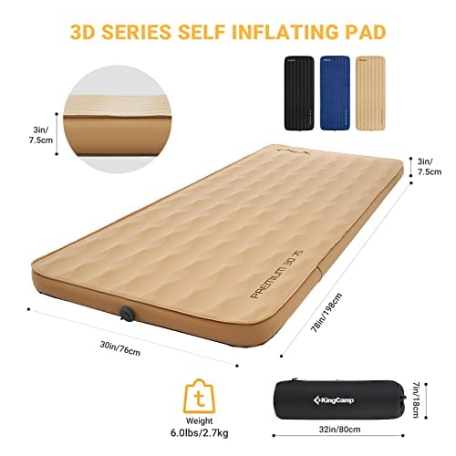 Image of KingCamp Self Inflating Sleeping Pad, R 7.9 Air & Foam Sleeping Pad for Camping, 3 inch Thick Single Camping Mattress with 3D Sidewalls & Wave Surface Cut for Outdoor Tent Cot Car, PVC Free (Khaki)